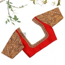 Red blouse with geometrical design