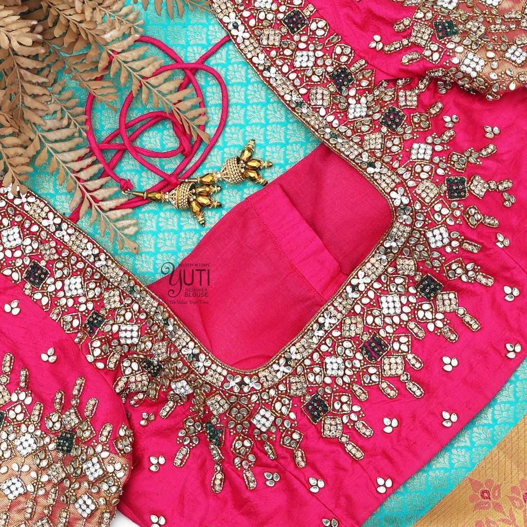 Pink blouse with kundan crystal