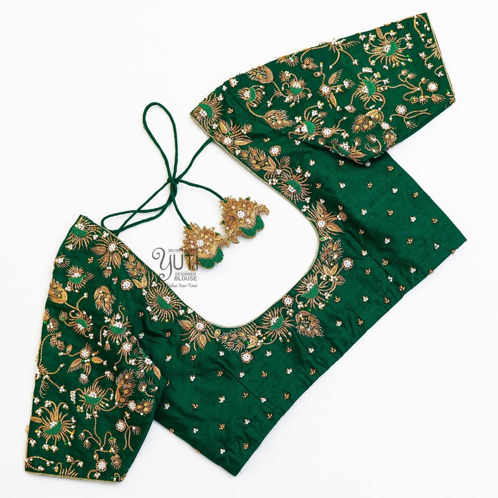 Dark green creeped motif bridal blouse