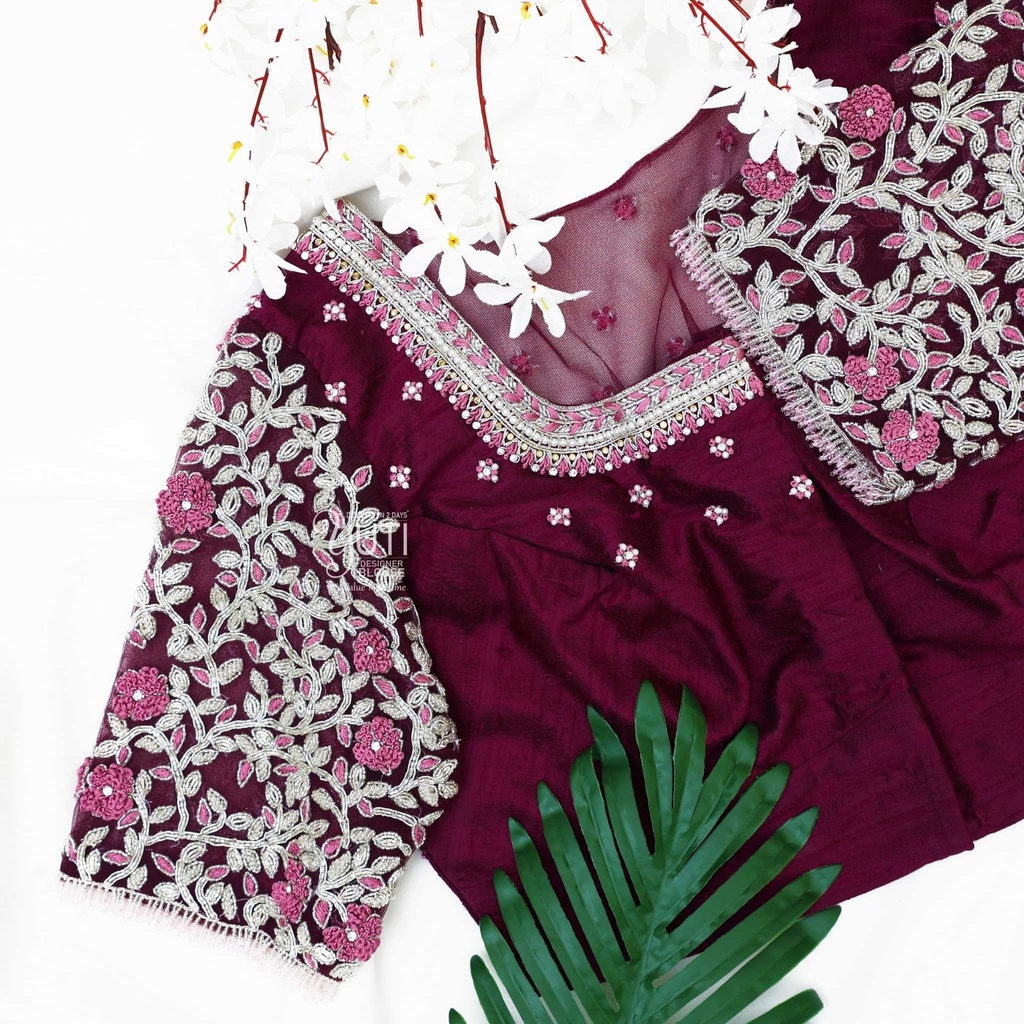 Maroon creeped floral bridal blouse