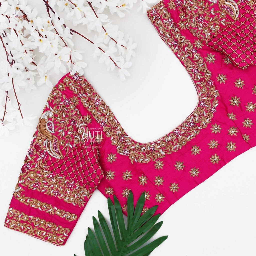 Pink embossed peacock bridal blouse