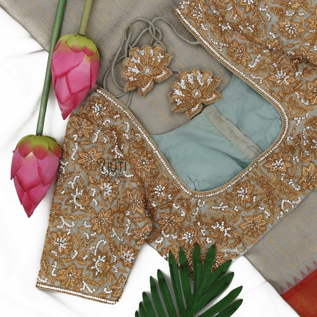 grey-embossed-floral-bridal-blouse-by-yuti-designer-3