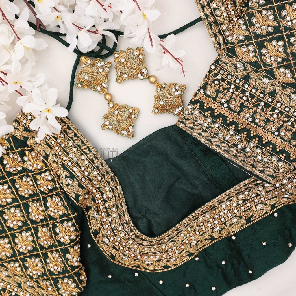 Dark green checked motif bridal blouse | Yuti Designer Blouse