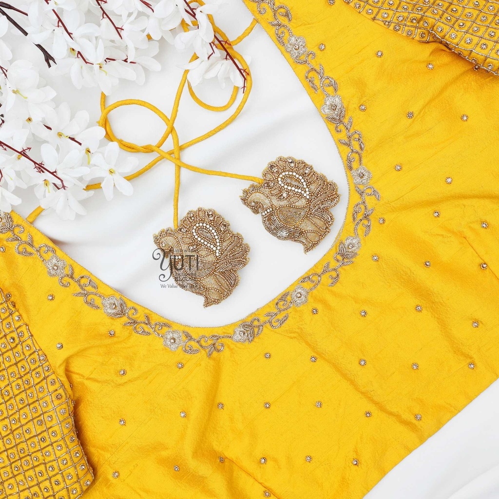 Yellow checked pattern with floral blouse