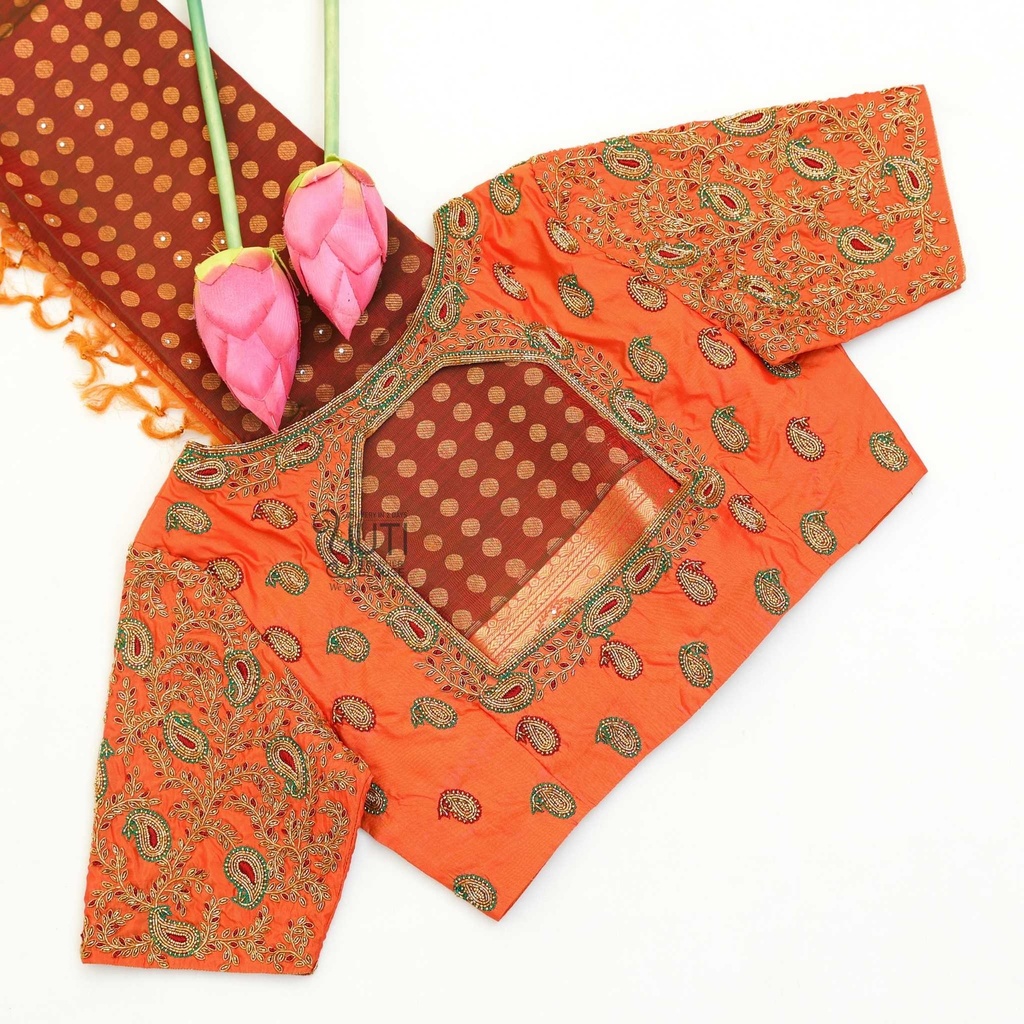 Orange creeped mango bridal blouse