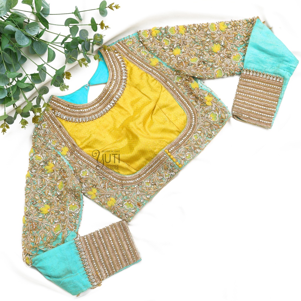 Blue and Yellow Kundan work bridal blouse