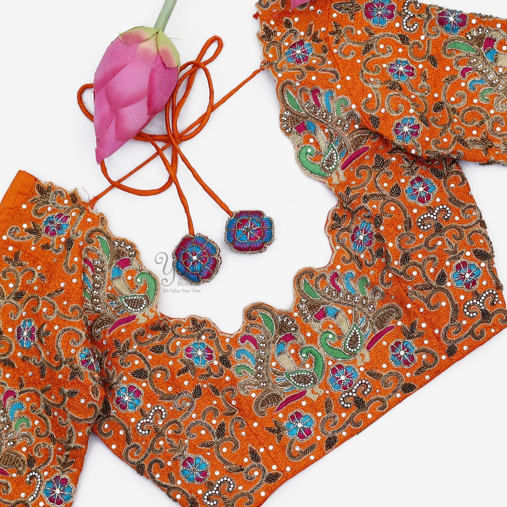Orange peacock and creeper design blouse