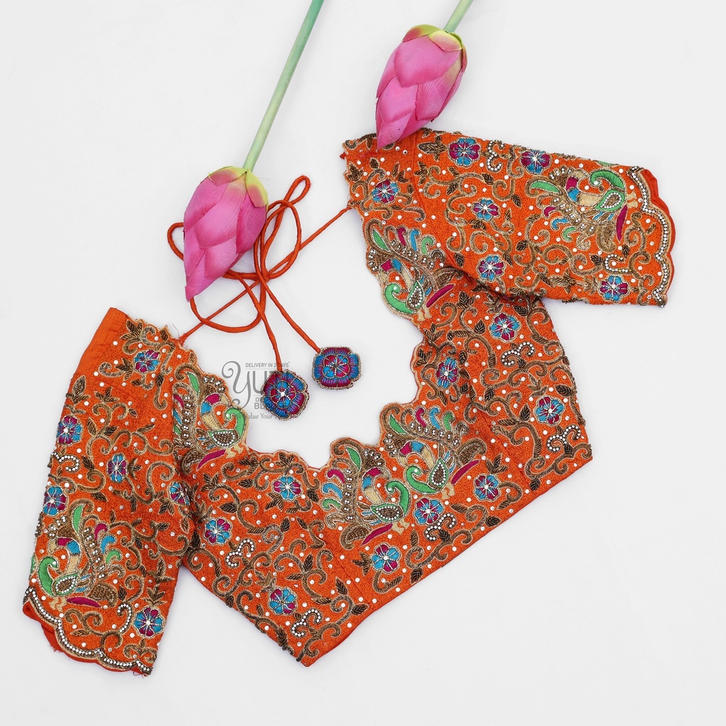 Orange peacock and creeper design blouse