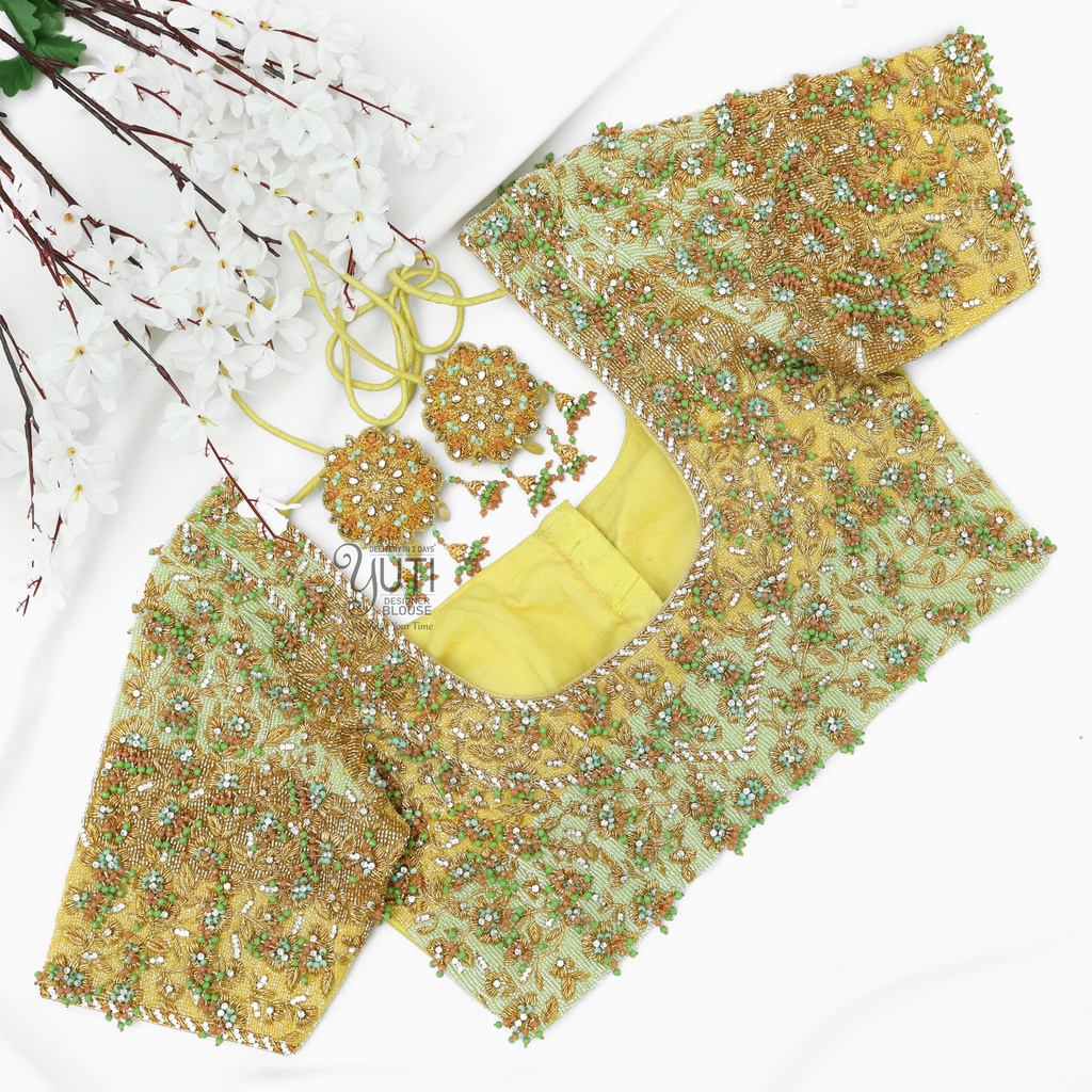 Yellow Navratinaa crystal hangings blouse