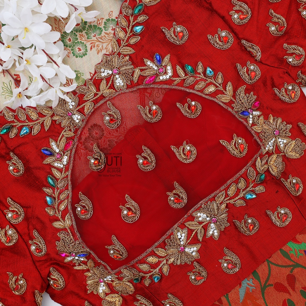 Red Peacock and floral designer blouse