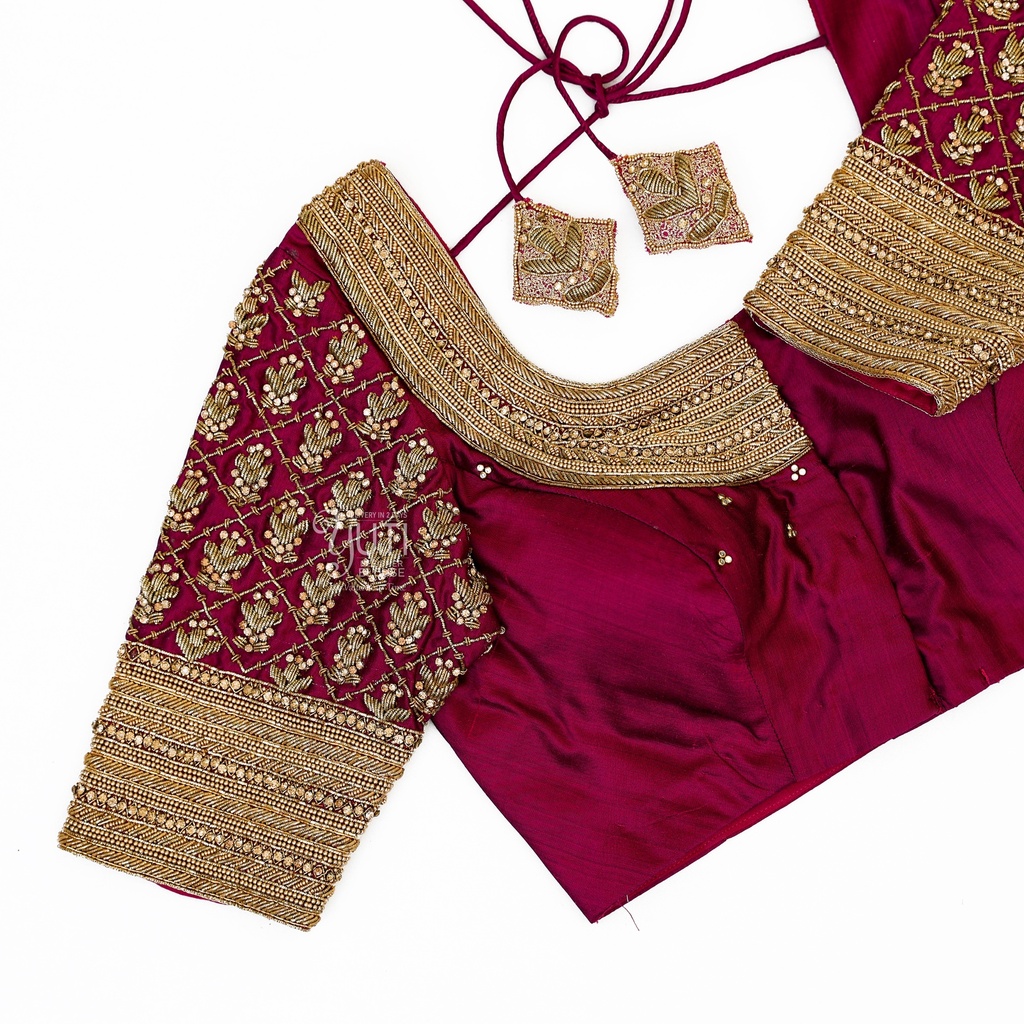Maroon Zardosi checks bridal blouse
