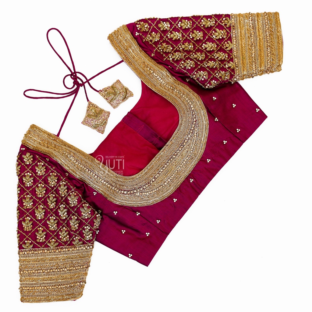 Maroon Zardosi checks bridal blouse