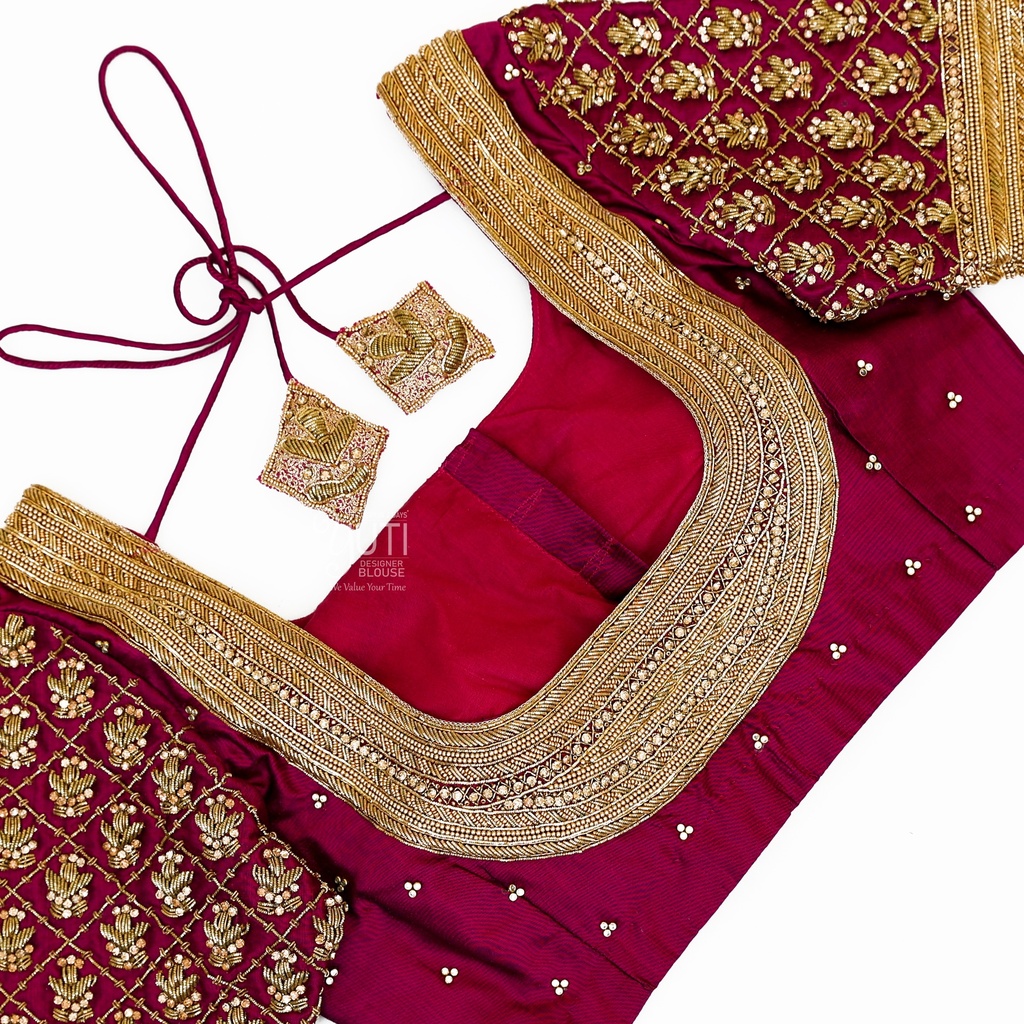 Maroon Zardosi checks bridal blouse