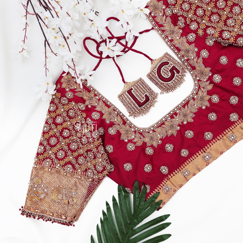 Red Zardosi checks design with Highlight
