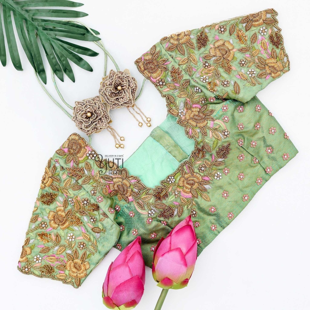 Pistha green embossed rose bridal