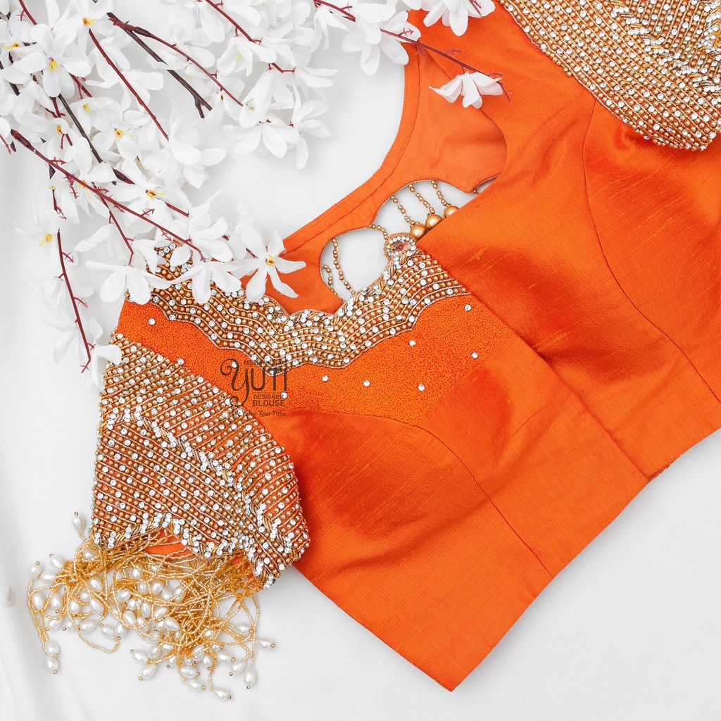 Orange Zircon stone blouse with Hangings