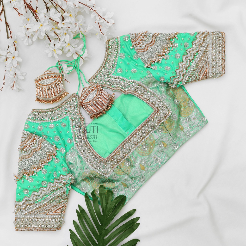 Green Navratna silver bridal blouse
