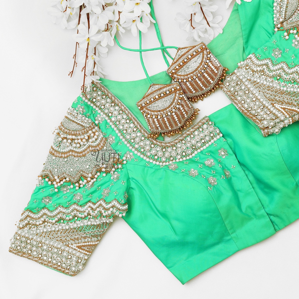 Green Navratna silver bridal blouse