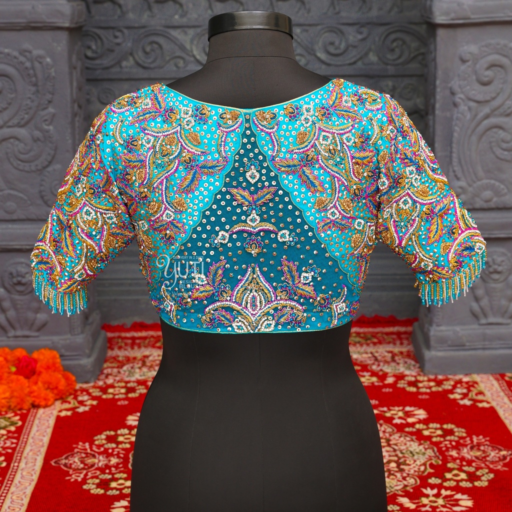 Blue and pink sequin bridal blouse