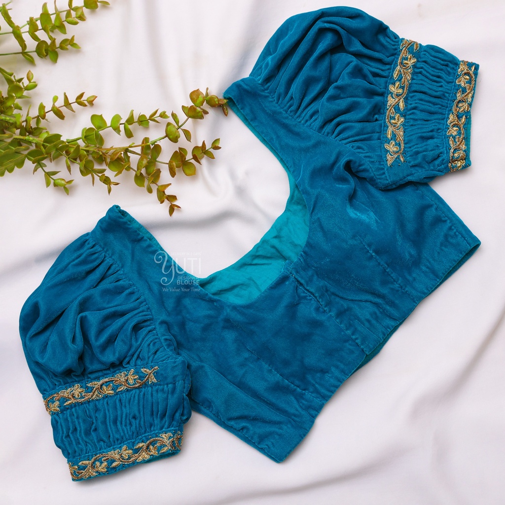 Velvet Skyblue Aari Work Blouse Designs | SIZE 34 (adjustable up to 30- 36)