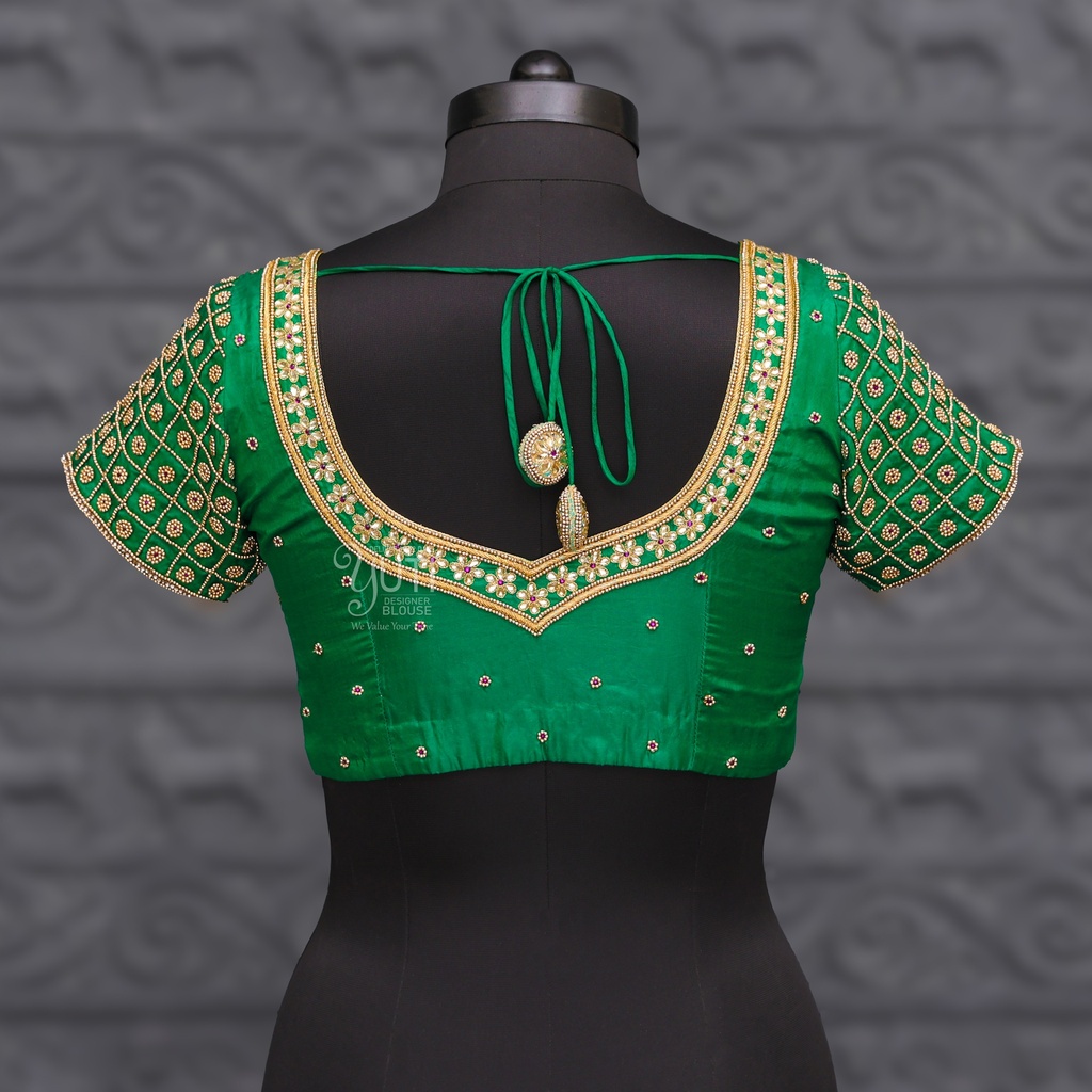 Bridal Green Aari Work Blouse Designs |  SIZE 32 (adjustable up to 28- 34)