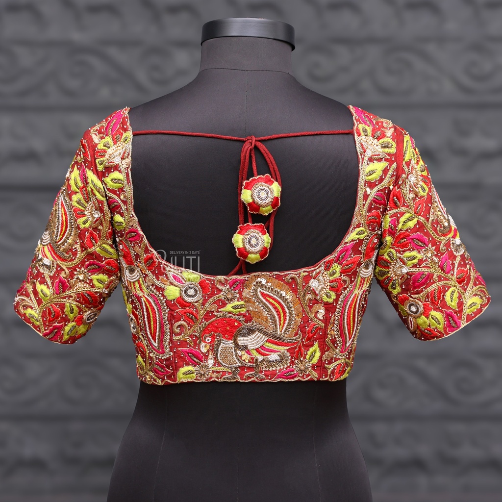 Red with green embroidery blouse | Grand bridal blouse |SIZE 36 (adjustable up to 32 - 38)