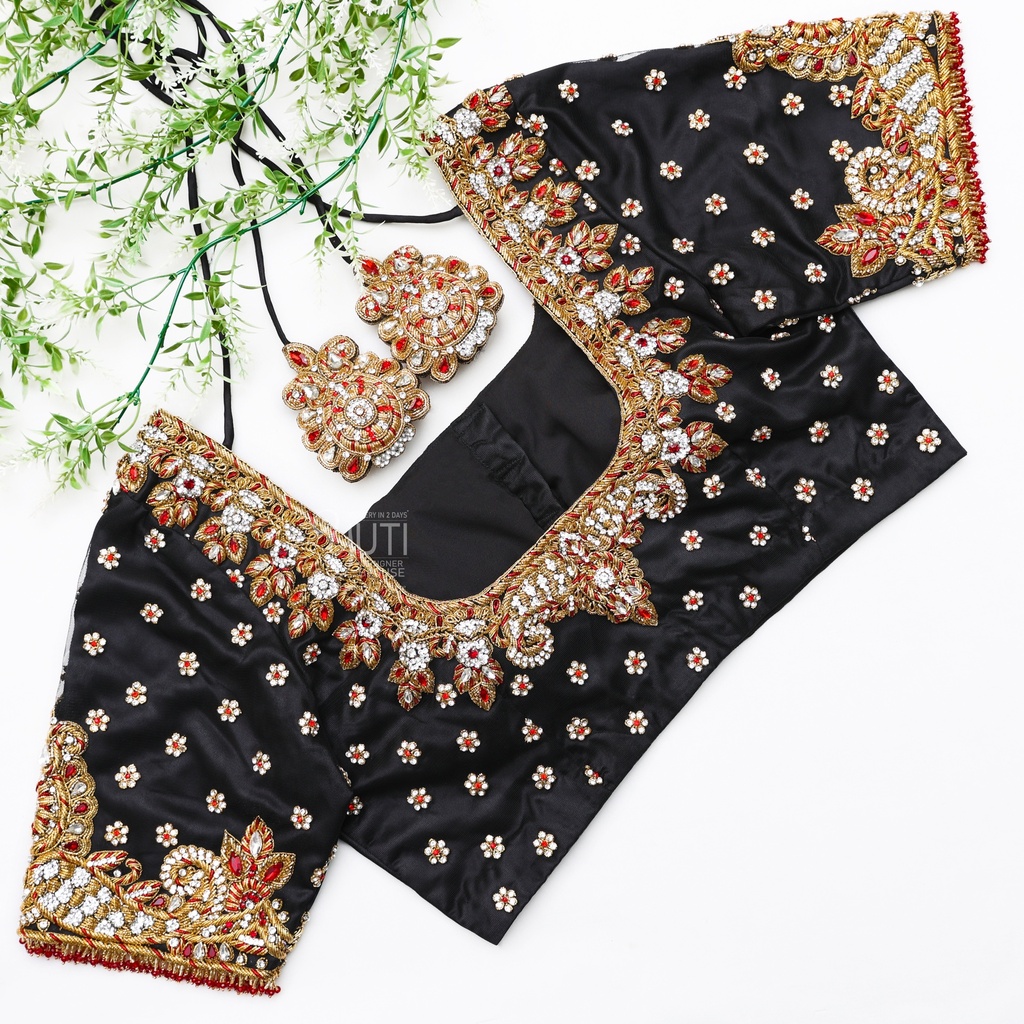 Elegance of black bridal blouses with gold and silver embroidery