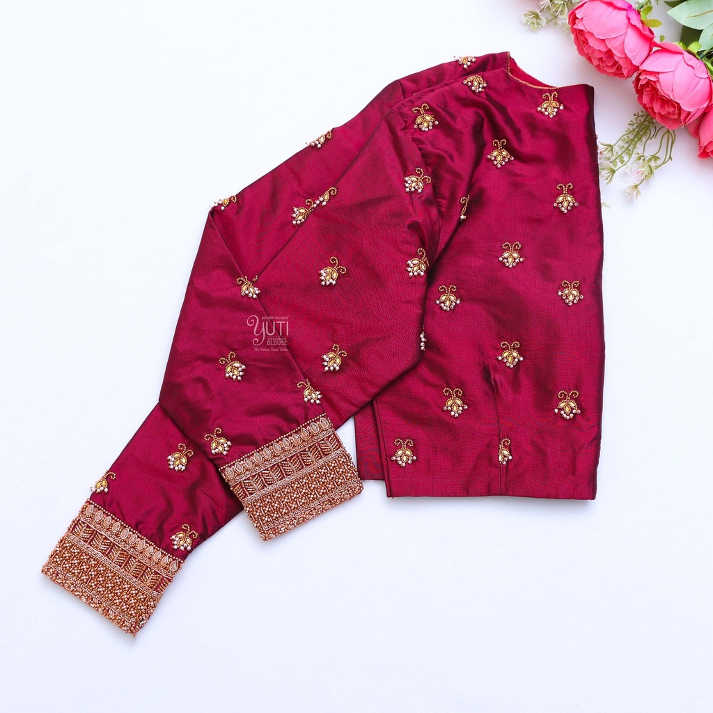 wine red embroidery blouse.