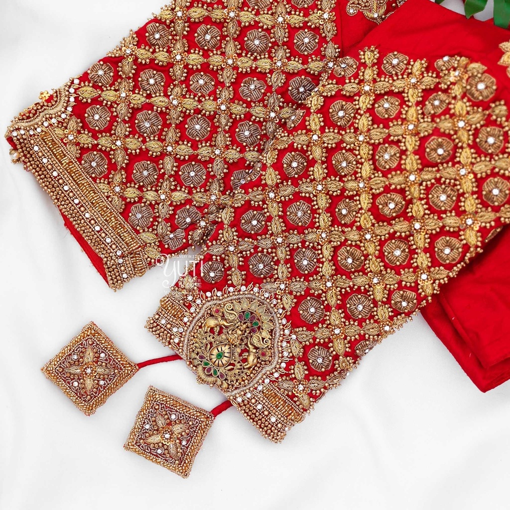 Red embossed motif bridal blouse