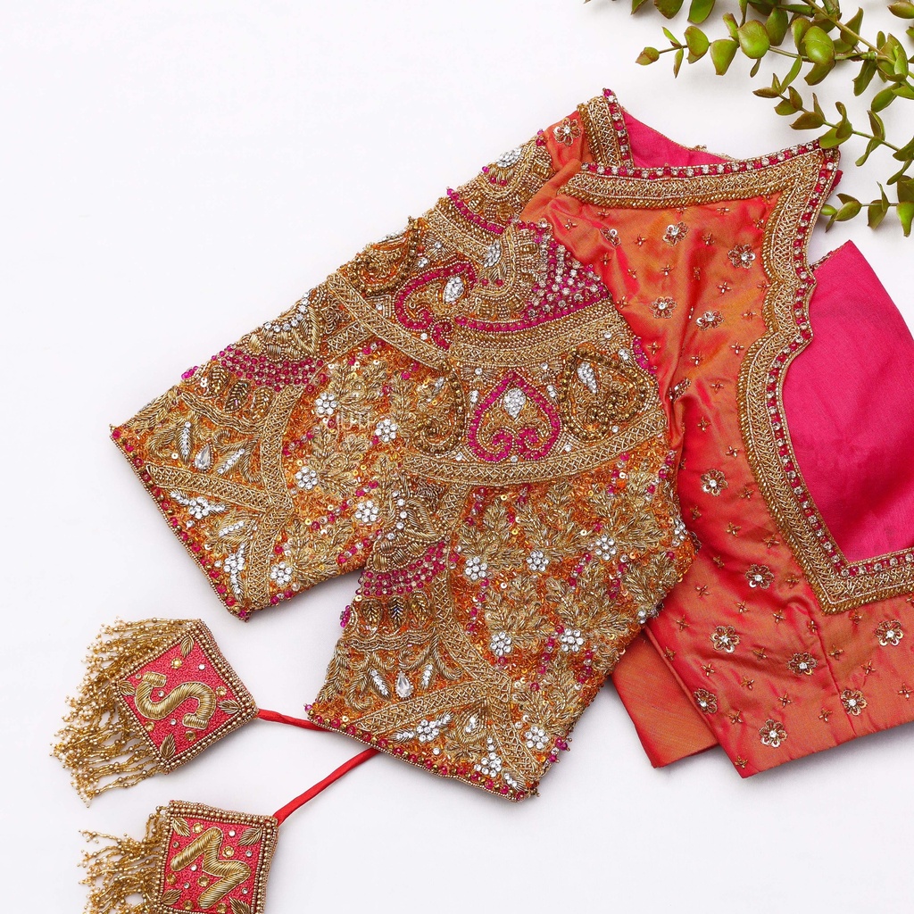 Orange color embroidery bridal blouse