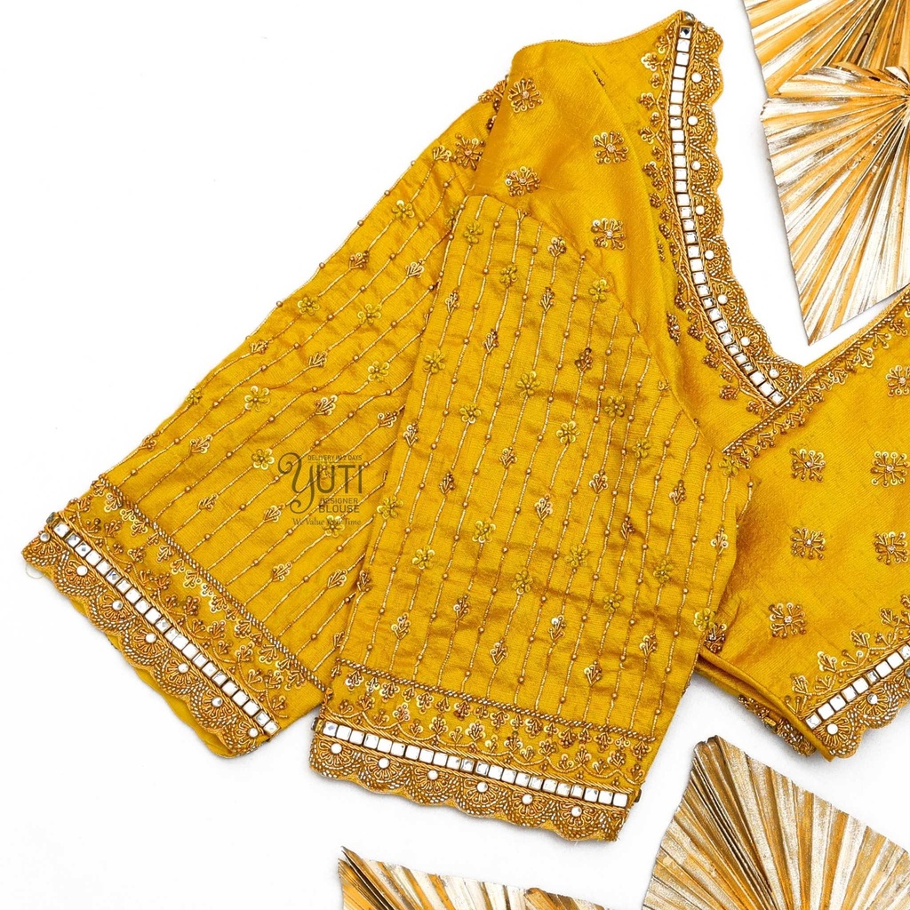 Mustard yellow scallop border blouse | Yuti Designer Blouse