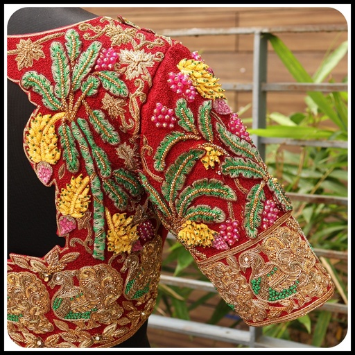 RED  floral design and banana tree 3D work with annam design