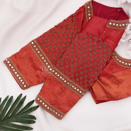 Red checked kundan bridal blouse
