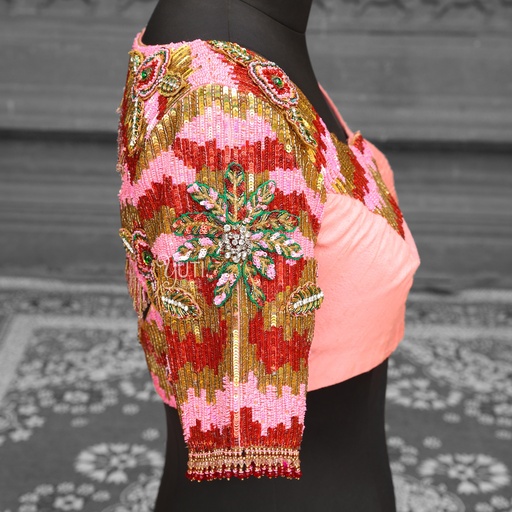 Pink and Red bridal blouse with a beautiful flower pattern.