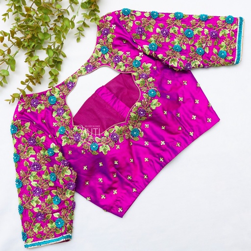 Beauty of pink color with green & yellow embroidery on bridal blouses