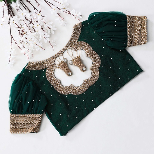 The perfect dark green bridal blouse with exquisite golden embroidery