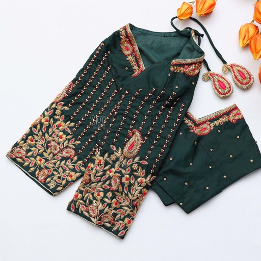 Step into the spotlight with a dark green Aari bridal blouse that exudes grace and charm